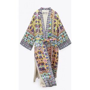 NWT ZARA Kimono Dress Satin Mod Robe Vibrant Geometric‎ print Bloggers Fav XS S